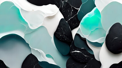 Wall Mural - Abstract 4k wallpaper. Liquid fluid, black dark marble, obsidian, with blue, aqua, teal ripples. Modern clean backdrop. Textures, textured illustration with ripples. 