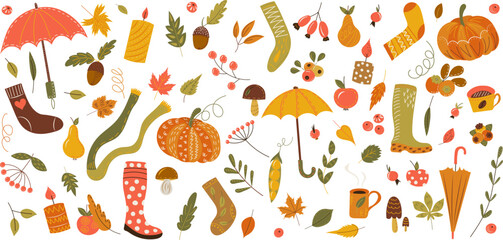 Wall Mural - autumn doodle collection in flat style, vector