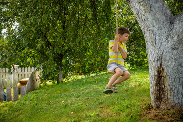 Wall Mural - Happy little boy is having fun on a rope swing which he has found while having rest outside city. Active leisure time with children