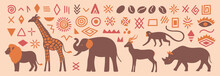Abstract African Set With Abstract Wild Animals. Ethical Minimalist Wrapping Paper. Afro Oriental Wallpaper. Beautiful Geometric Simple Shapes. Elephant, Lion, Giraffe, Rhino, Monkey, Antelope.