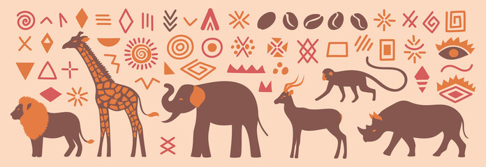 Abstract African set with abstract wild animals. Ethical minimalist wrapping paper. Afro oriental wallpaper. Beautiful geometric simple shapes. Elephant, lion, giraffe, rhino, monkey, antelope.