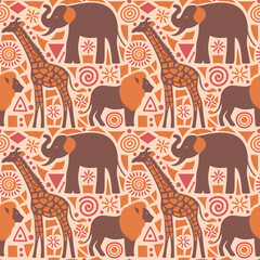 Abstract African seamless pattern with wild animals. Ethical minimalist wrapping paper. Afro oriental wallpaper. Beautiful geometric simple shapes. Elephant, lion, giraffe. Vector illustration.