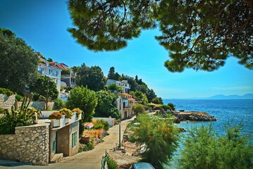 View of the sea and small town in Croatia on a sunny day