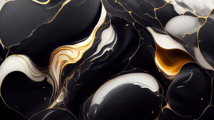 Wall Mural - Black and yellow, gold luxurious background. Melted obsidian, marble with gold, yellow hints. Fluid, liquid texture. Smooth abstract wallpaper. High quality, 4k, fashion web banner, backdrop.