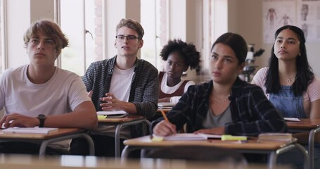 Aufkleber - High school student in classroom asking question, learning and studying in his desk with teenage group and scholarship background. Knowledge and education of students and future leader raising hand