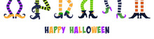 Happy Halloween Funny Background Or Banner With Witches. Their Feet Set In Different Poses, Vector Illustration. Collection Of Hag’s Legs, Boots. Witch Shoes And Pants. Isolated On White Background