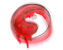Hand Drawn Ying Yang Symbol Of Harmony, Balance And Red Spray Stain Dripping Drops