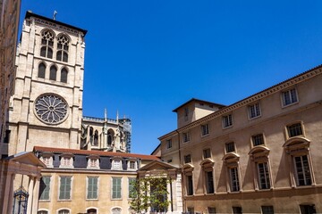 Facade of the Lyon cathedral in Place Saint Jean, Lyon, France