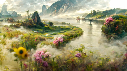 Wall Mural - Artistic concept of painting a beautiful landscape of wild nature, with flowery meadows in the background. Tender and dreamy design, background illustration