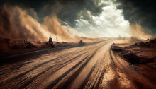 Dust Sand Cloud On A Dusty Road. Scattering Trail On Track From Fast Movement. Digital Illustration