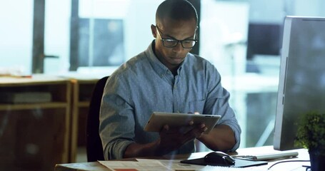 Canvas Print - Stress, anxiety and burnout with a business man working on a tablet in his office at night with a headache. Tired, overworked and frustrated employee feeling the pressure of a deadline at work