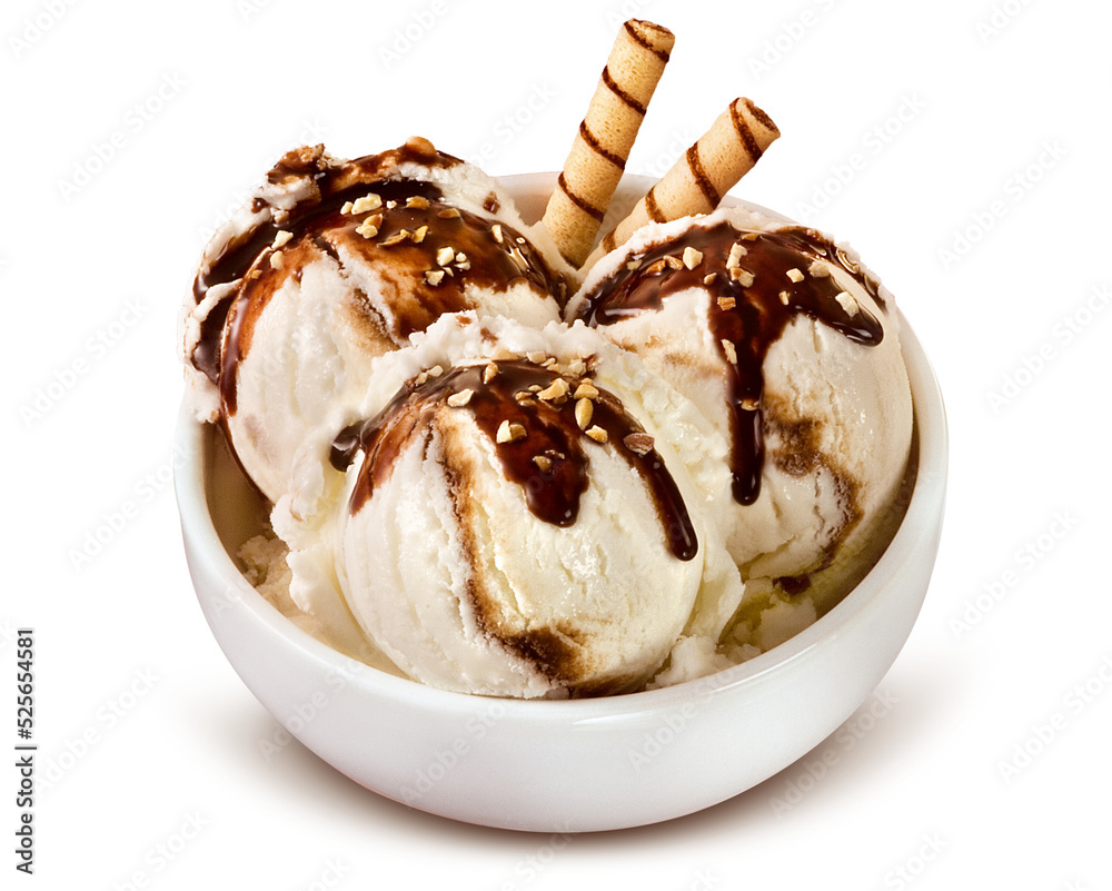 Tigela com três bolas de sorvete com calda de chocolate em fundo branco  Stock Photo | Adobe Stock, image size:1000x801