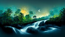 Illustration Of A Beautiful Forest Landscape With Trees And A Blue River At Night