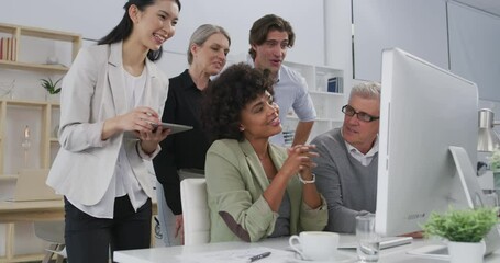 Poster - Planning, innovation and strategy with corporate team, working on a computer in collaboration with management. Business people in office, diversity or employees in a meeting at the company on tech