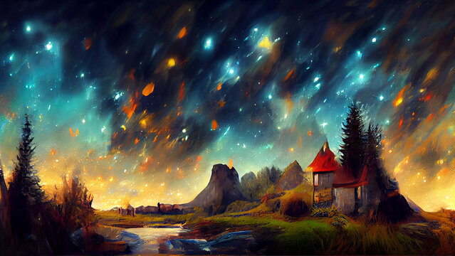 Wall Mural - Fantasy fairy tale hand drawn picture book. Beautiful starry night with colorful sky and a dreamy landscape. Forest by the river drawing. Background for adventure children stories. 3D illustration