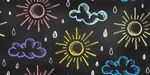 seamless pattern of chalk drawn sketches suns and clouds on chalkboard backdrop. textural stylized g