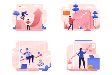 Different people planning strategy and marketing analysis to develop business towards target vector illustration set