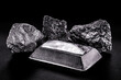 platinum ingot and nugget, noble metal, used in the production of catalysts, luxury jewelry, isolated black background