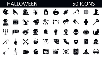 set of 50 halloween icons. outline thin line icons. Collection of perfectly thin icons for web design, app, poster, flyer and modern projects