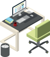 Poster - Workspace isometric icon. Office desk with computer and chair