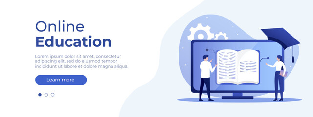 Online education concept. Vector layout for website page. Illustration in flat style with people studying remotely. Students learning online. Vector illustration EPS 10