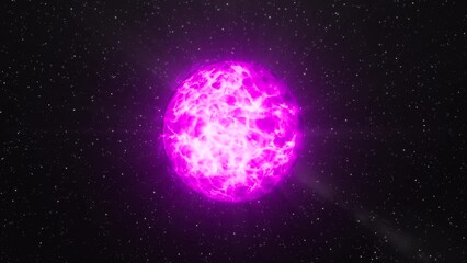 Poster - Black background. Motion.A white and pink magic ball in the middle of the background and next to which small stars fly in animation.
