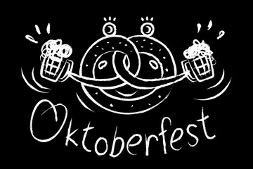 A brezel with two mugs of beer. Funny character with big eyes in the style of a doodle for Oktoberfest. Hand drawing with chalk on a blackboard. Vector illustration. Craft