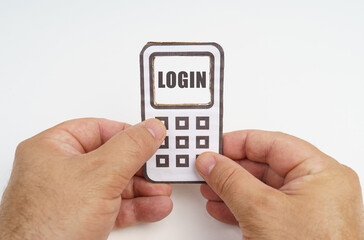 Poster - In the hands of a person is a cardboard model of a telephone with an inscription on the screen - Login