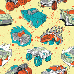 Abstract seamless cars pattern for boy on background. Childish style wheel auto repeated backdrop. Red and blue sportcar