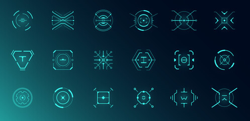 Leinwandbilder - HUD aim control target system set. GUI and FUI interface. Futuristic military optical aiming collection. GUI digital radar elements. Collimator focus range sights. Digital dashboard vector crosshairs