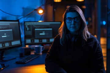 Poster - cybercrime, hacking and technology concept - female hacker in dark room writing code or using computer virus program for cyber attack