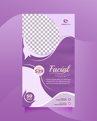 Wall Mural - Social media story post and banner template for Facial Beauty Care Center promotion with modern purple. Vector design to promote beauty salon, Healthy Skin Clinic, cosmetic sale, medical spa, etc