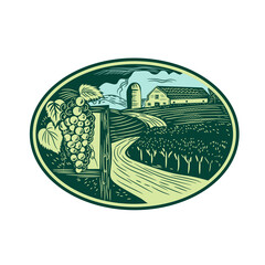 Sticker - Grapes Vineyard Winery Oval Woodcut