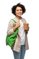 Wall Mural - sustainability, food and eco friendly concept - happy smiling woman holding reusable green shopping bag and takeaway wok with chopsticks on white background