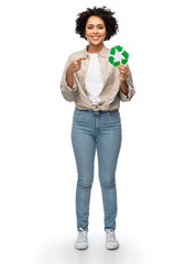 Wall Mural - eco living, environment and sustainability concept - portrait of happy smiling woman holding green recycling sign over white background