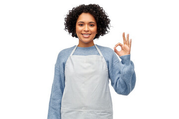 Sticker - cooking, culinary and people concept - happy smiling woman in apron showing ok gesture over white background