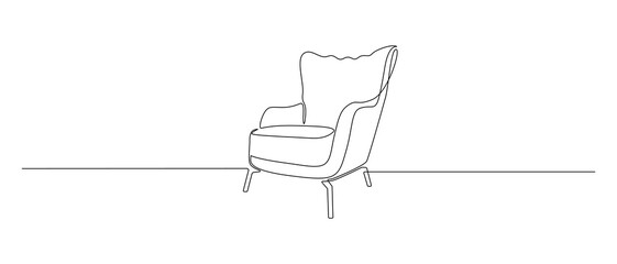 Wall Mural - One continuous line drawing of armchair. Modern arm chair furniture for living room interior in simple linear style. Editable stroke. Doodle Vector illustration