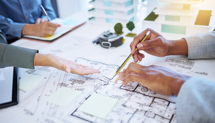 Aufkleber - Hands of architecture blueprint design, 3d property construction building and engineering model planning. Creative team collaboration on floor plan sketch, drawing development and industrial project