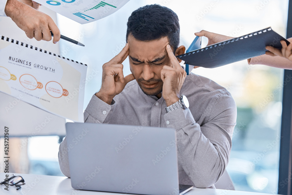 Overworked Manager Stress, headache or burnout manager from employee paper, phone or ...