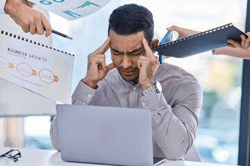 Aufkleber - Stress, headache or burnout manager from employee paper, phone or laptop review schedule. Tired marketing guy with anxiety, frustrated mental health overworked with office worker deadline pressure