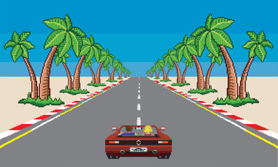 Pixelated retro arcade racing car formula. pixel beach background