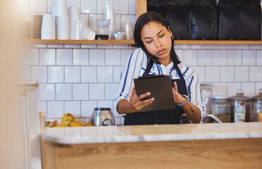 Aufkleber - Cafe manager, planning online and working on digital tablet app with internet, phone call and sales in restaurant startup. Small business store, woman entrepreneur and coffee shop hospitality worker