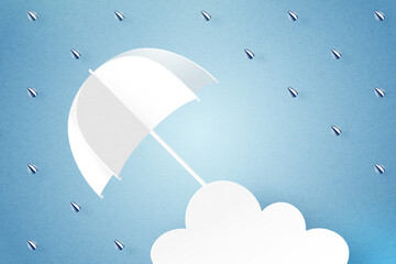 Poster - Umbrella, Rain and cloud on blue sky background. Rainy season, Paper cut of monsoon sale banner template. Vector illustration.