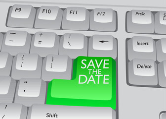 Poster - Computer Keyboard with Save The Date text. Close-up of an electronic Computer Device part, keypad.