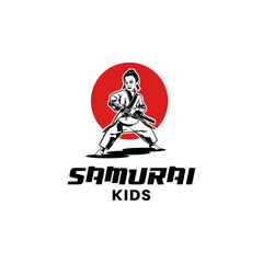 Wall Mural - Japanese little boy samurai. kids in kung fu clothes holding a sword logo design template