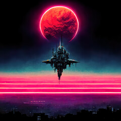 Wall Mural - flying city or spaceship with red moon as synthwave illustration