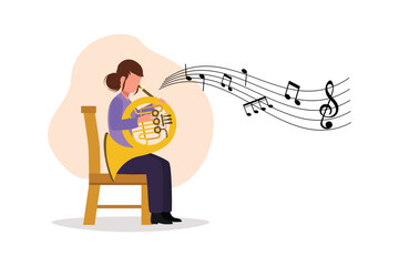 Business flat cartoon style drawing female musician performing classic melody on French horn. Instrumentalist playing music on brass instrument. Woman with trumpet. Graphic design vector illustration