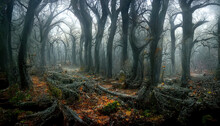 Realistic Haunted Forest Spooky Landscape At Night. Fantasy Halloween Forest Background. 3D Illustration.