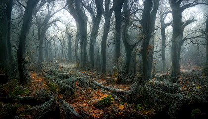 Realistic haunted forest spooky landscape at night. Fantasy Halloween forest background. 3D illustration.