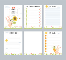 July 2023. Farm Calendar Planner For Summer Month With Cute Rabbit With Sunflower And Bee. Vector Set Of Vertical Page A4 Templates To-do List, My Plan And Notes. Week From Sunday In English.